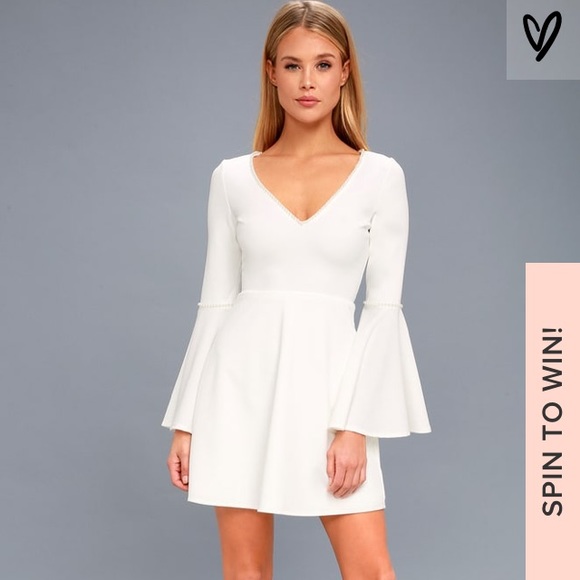 Lulus Dresses & Skirts - White pearl dress- bell sleeve skater dress